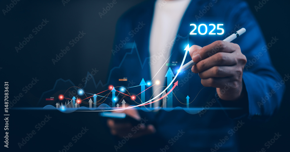 2025 business financial plan market concept, performance of profit growth on 2024 to 2025 education trend up finance on growth graph money revenue, Businessman analyzes profitability of working.