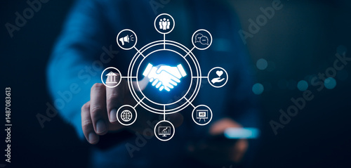 Business ecosystems and partnerships concept. Business collaboration strategies. The complex network of organizations to create value for customers acquisition , suppliers, and other stakeholders.