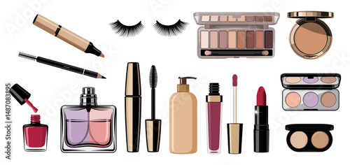 Elegant collection of makeup, cosmetic, perfume products including lipsticks, nail polish, eye shadow, bottles. Vector illustrations isolated on white background
