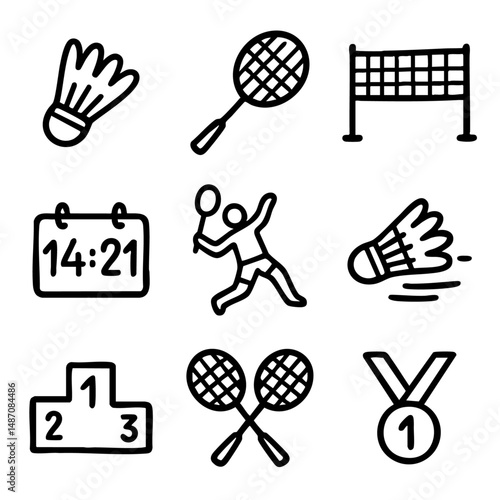 A set of doodle line icons representing badminton equipment, players, scoreboards, and awards, perfect for sports design or infographics