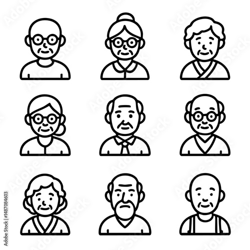 A set of doodle line icons showing elderly men and women avatar with various hairstyles and expressions, perfect for senior care and community content