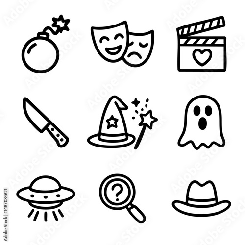 A set of doodle line icons representing film genres and storytelling elements like horror, mystery, fantasy, and drama for creative use