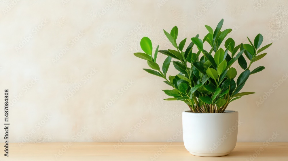 Fototapeta premium Close Up of ZZ Plant in White Pot on Wooden Surface