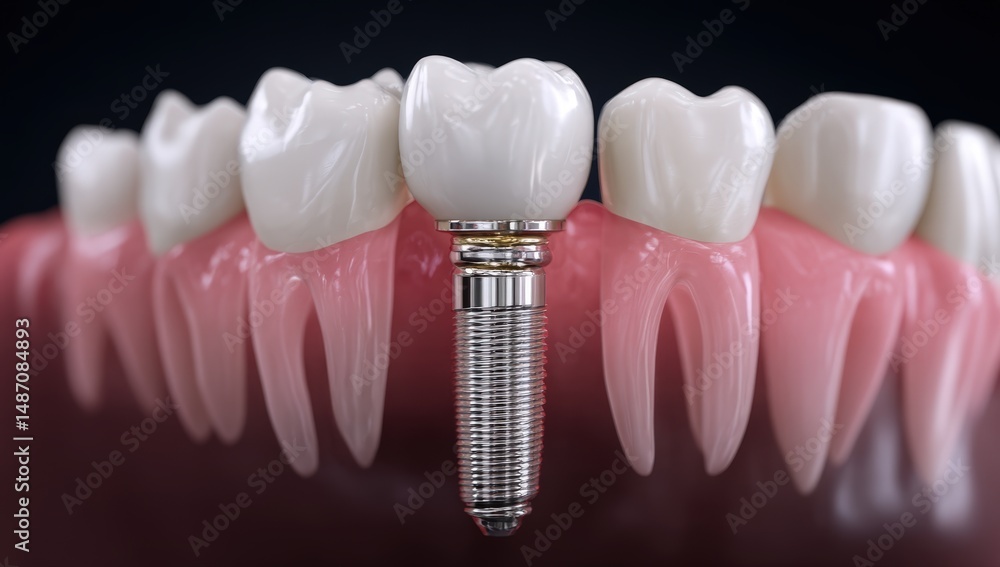 Obraz premium Close-up of a dental implant among natural teeth.