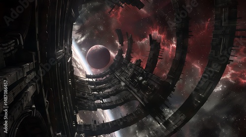 Fototapeta Naklejka Na Ścianę i Meble -  Orbital Space Station Structure And Planet In Dark Universe With Stars