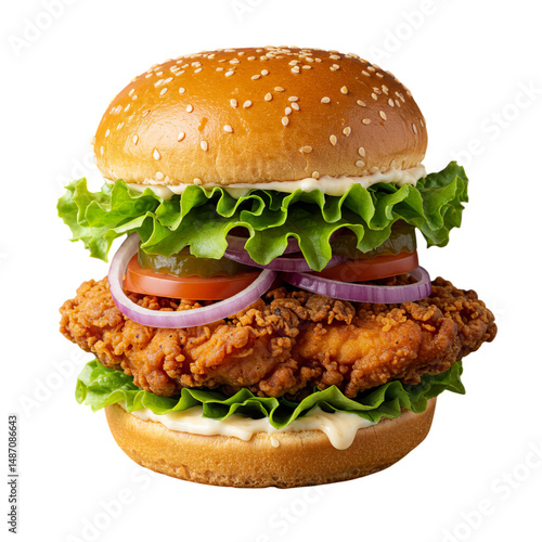 Delicious Crispy Fried Chicken Burger on a Transparent Background