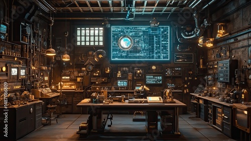 Wallpaper Mural Dieselpunk laboratory with vintage equipment and holographic displays in a retro-futuristic setting Torontodigital.ca