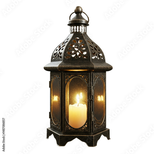 Ornate antique-style lantern with burning candle