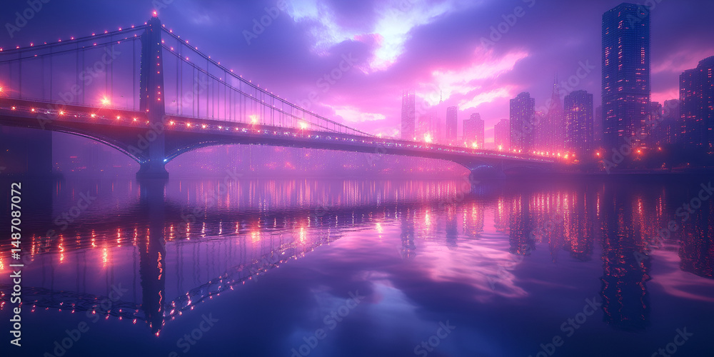 Fototapeta premium City bridge illuminated with vibrant lights at night, Urban skyline with glowing bridge, Nighttime cityscape with bridge reflection 