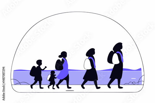 Impactful silhouette design of refugees including men women and children highlighting resilience struggle and unity perfect for educational or campaign use