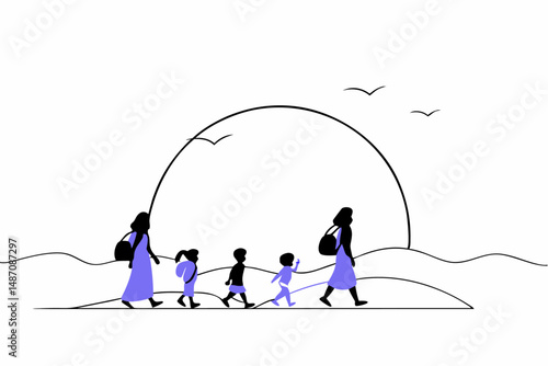 Powerful silhouette artwork showing a group of refugees including women children and men symbolizing unity struggle and hope in humanitarian themed visuals