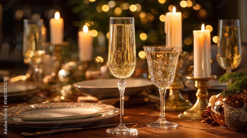 Elegant holiday dinner table with sparkling wine glasses. Elegant holiday dinner table with sparkling wine glasses.