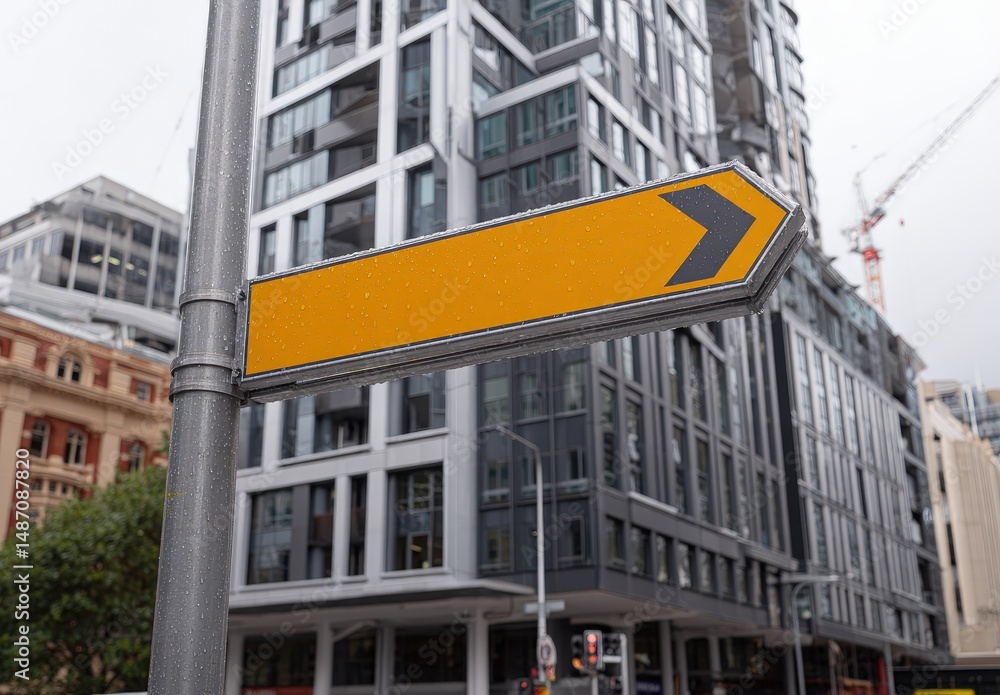 Naklejka premium Yellow arrow sign points toward modern buildings.