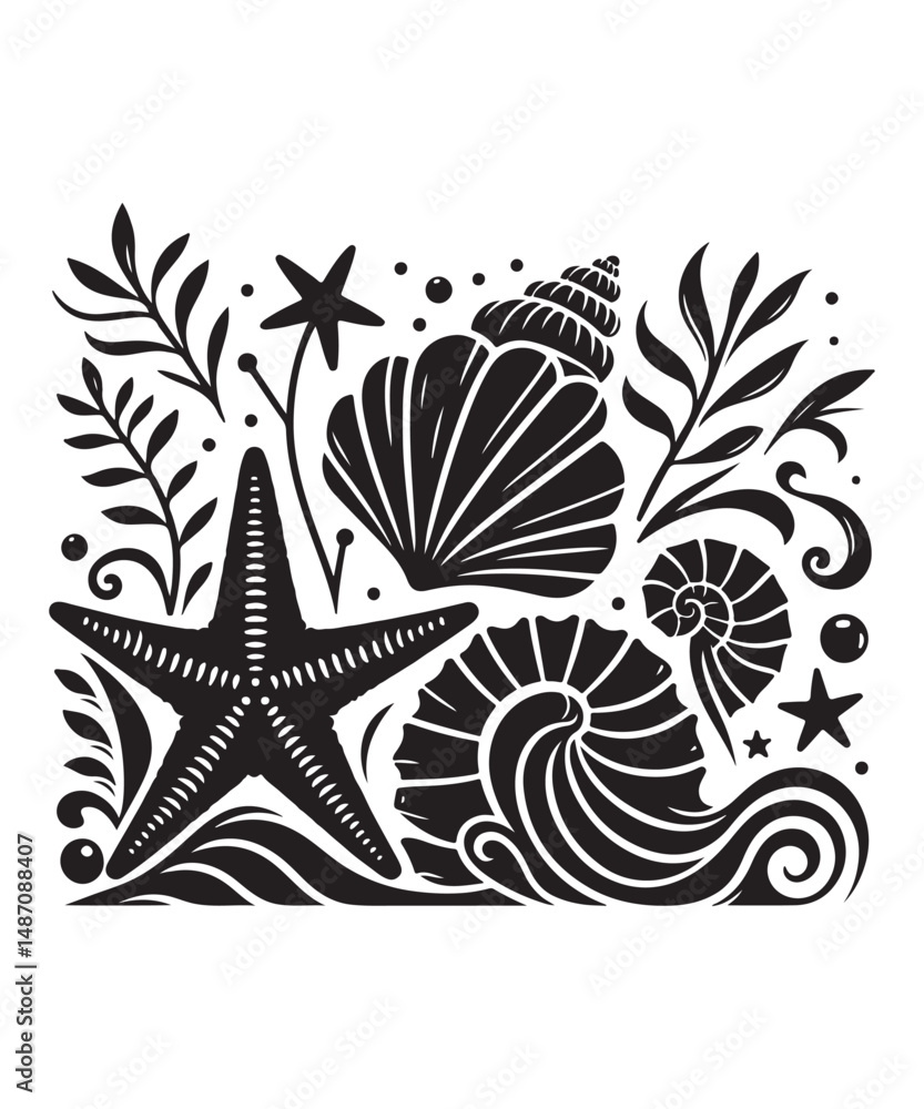 Fototapeta premium Sea shells starfish silhouette vector illustration, Starfish icon collection.