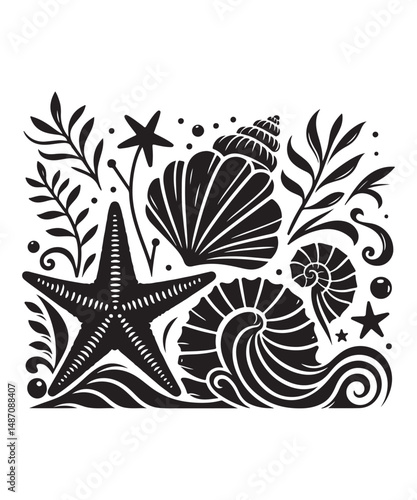 Sea shells starfish silhouette vector illustration, Starfish icon collection. 
