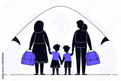 Blue silhouette figures of refugee families symbolizing unity hope and the importance of supporting displaced communities on world refugee day