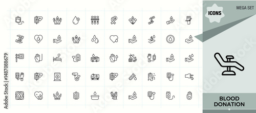 Blood Donation icon set. Donor icon collection. Minimal linear icons. Containing donate, blood, donation, volunteer, care and more. Editable stroke. Vector illustration.