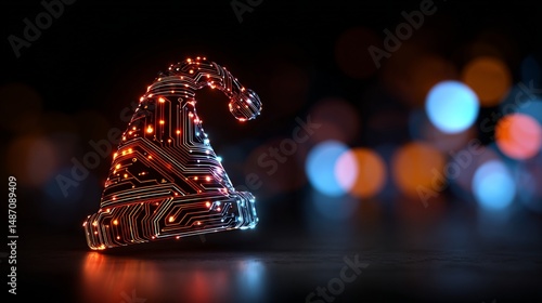 Glow Santa hat circuit board with festive bokeh background - hi-tech holiday