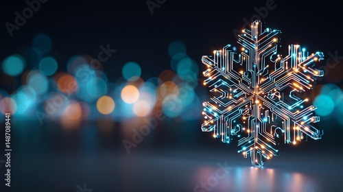 Digital snowflake circuit board with glowing bokeh - winter technology magic