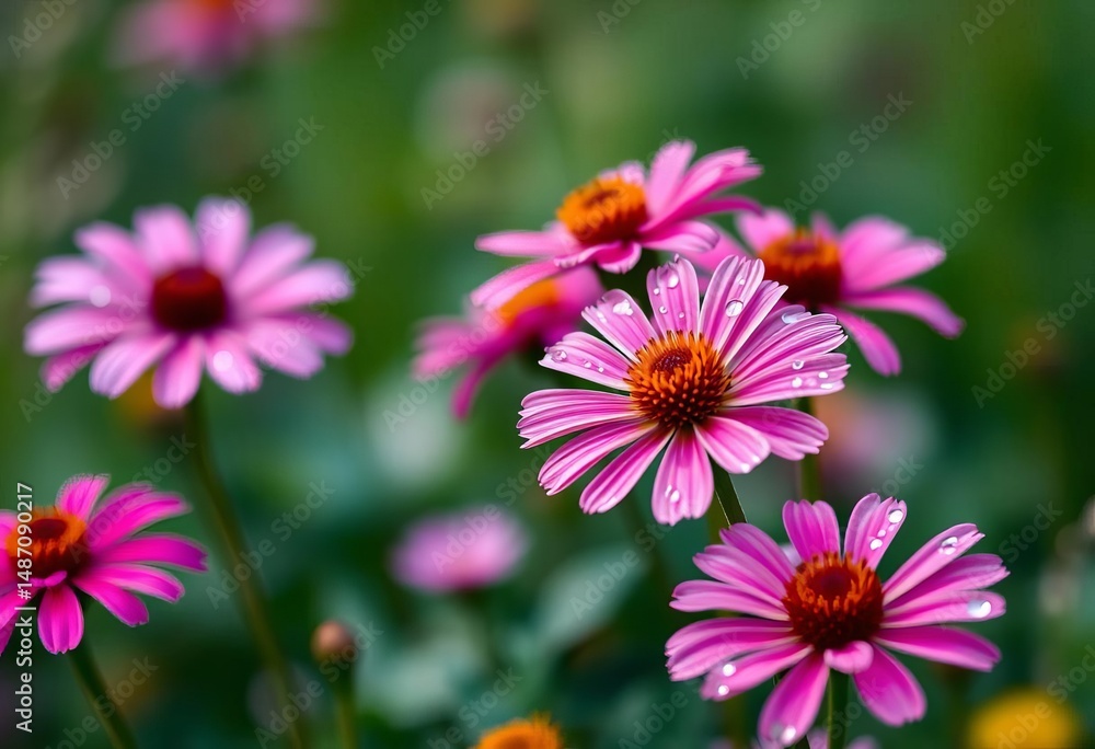 Fototapeta premium Soft-focus spring wildflowers, glistening with raindrops, abstract background, blurred, meadow