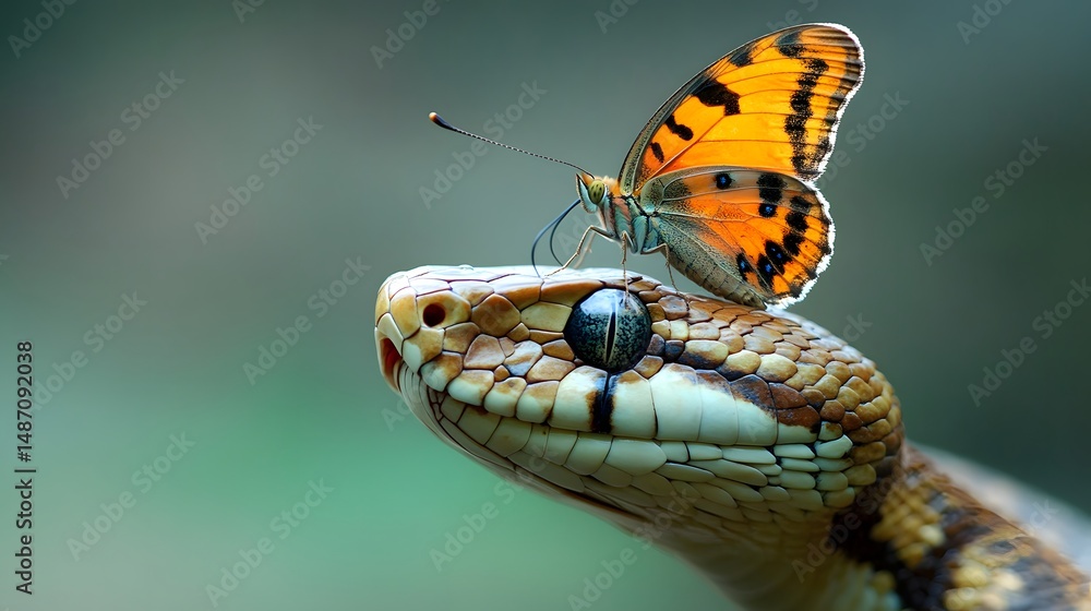 Fototapeta premium Snake and Butterfly: A curious interaction between a snake and a butterfly perched on its head. 