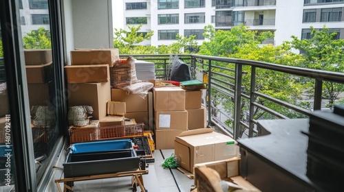 Fototapeta Naklejka Na Ścianę i Meble -  Messy storage space on balcony cluttered with boxes and old furniture