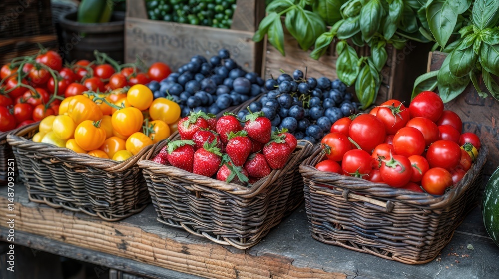Woven baskets filled with seasonal produce Woven baskets filled with seasonal produce