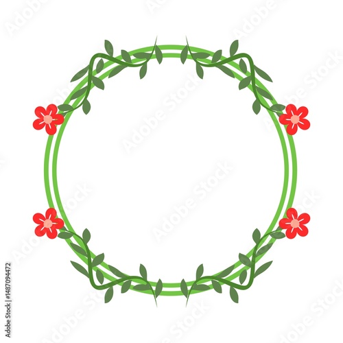 A simple round frame made of green vines with small leaves and four red flowers at each corner, set against a light green background, ideal for a natural and elegant design