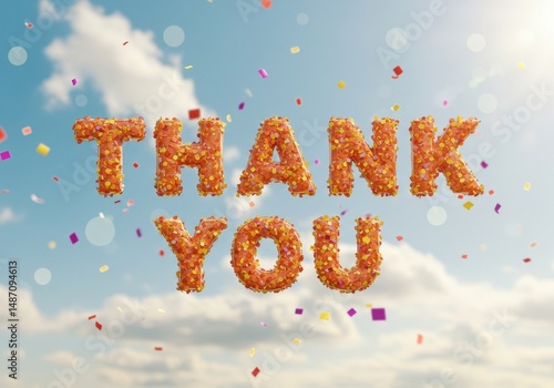 Thank you message with confetti and clouds graphic design