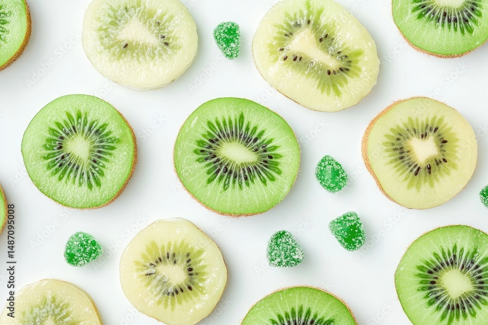 Fototapeta premium Kiwi slices and green gummies arranged on a white surface.