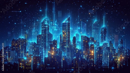 Futuristic Cityscape with Glowing Blue Digital Skyscrapers (Tech Innovation, Data Flow Architecture, Neon Cyber Aesthetic) 