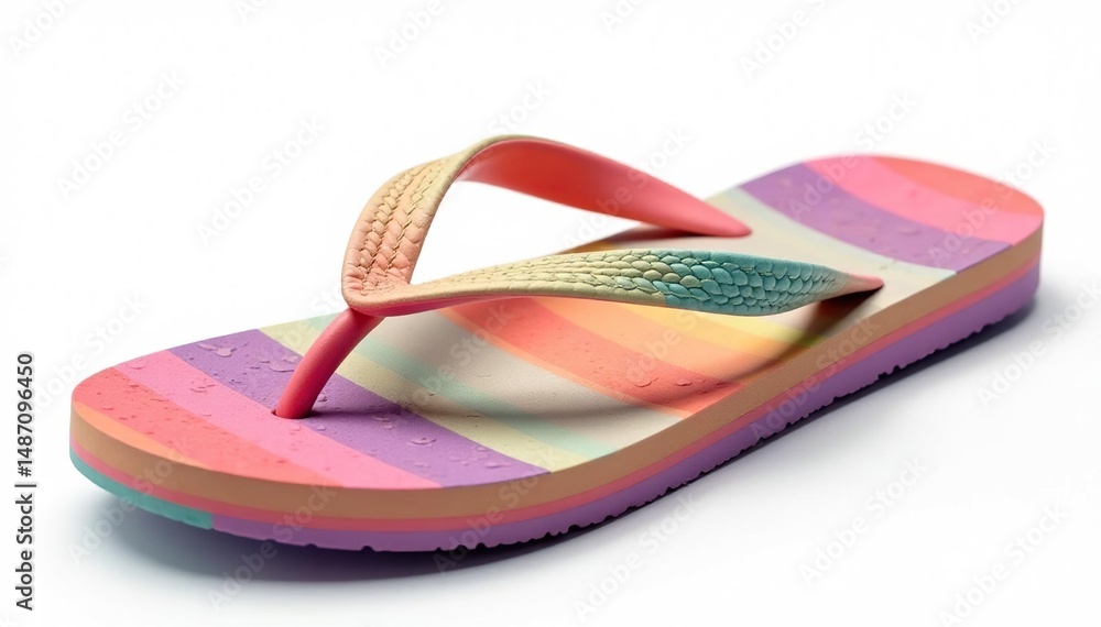 Close-up of a colorful flip-flop against pure white , white, object Close-up of a colorful flip-flop against pure white , white, object