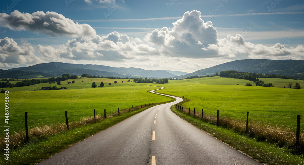 Naklejka premium road, country road, winding road, Winding Country Road Through Lush Green Fields