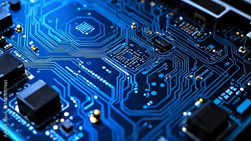 Fototapeta premium Close-up of a circuit board with glowing blue pathways