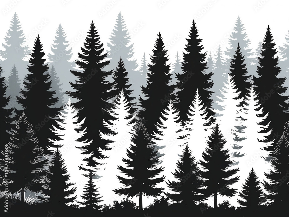 Obraz premium A layered silhouette illustration of a dense forest with various tall trees in shades of black and gray, creating a depth effect.