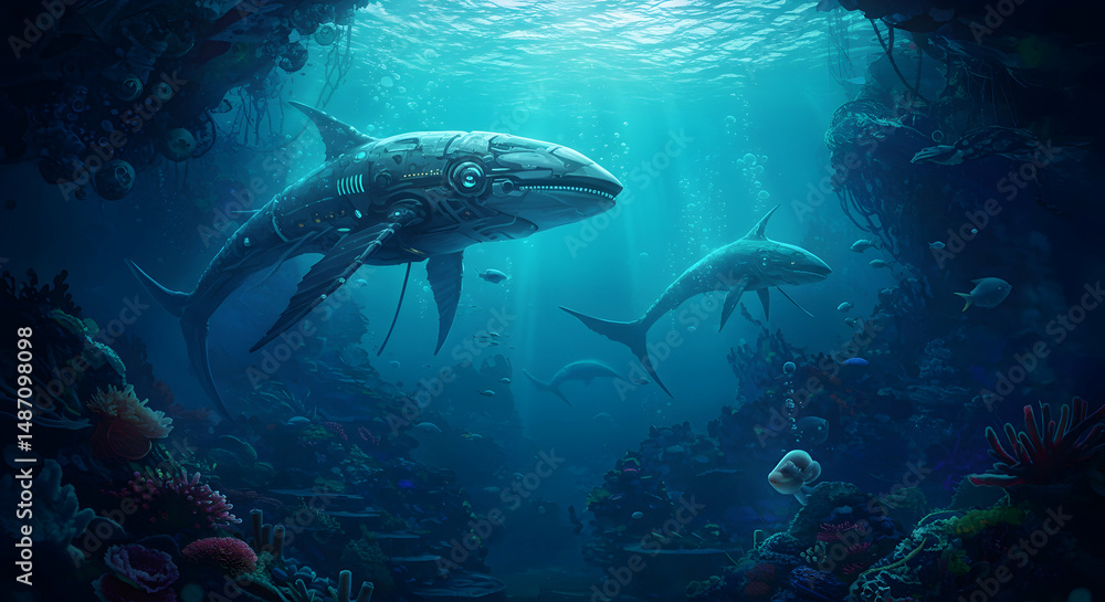 Fototapeta premium futuristic shark, underwater scene, ocean, Futuristic Shark in Underwater Scene