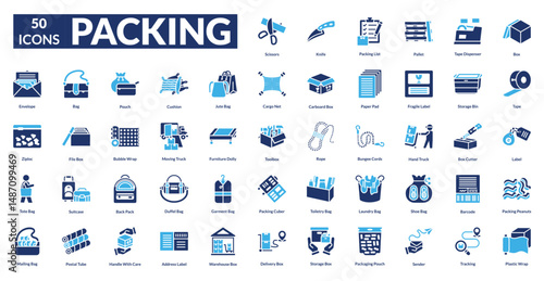 Packing fill icon collection set. includes box, tape, label, bag, suitcase, bubble wrap, carton, wrap, delivery, seal, package, parcel, luggage, crate, storage