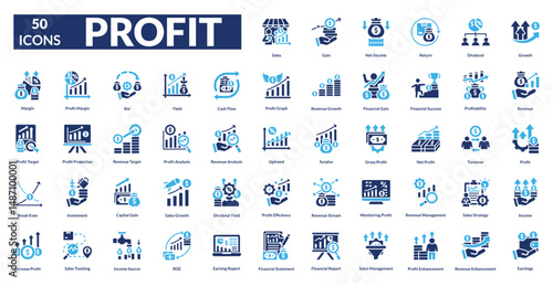 Profit fill icon collection set. Includes growth, revenue, income, success, gain, sales, investment, earnings, finance, wealth, chart, increase, money, value, market
