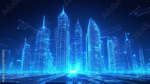 Futuristic City with Glowing Blue Digital Skyscrapers (Tech Innovation, Data Flow Architecture, Cyber Aesthetic)