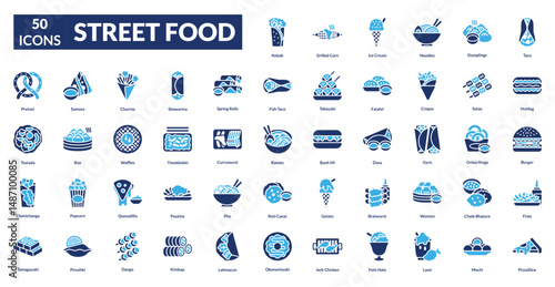 Street Food fill icon collection set. Includes vendor, cart, snack, grill, skewer, noodle, wrap, burger, taco, kebab, dumpling, soda, sauce, fries, seafood