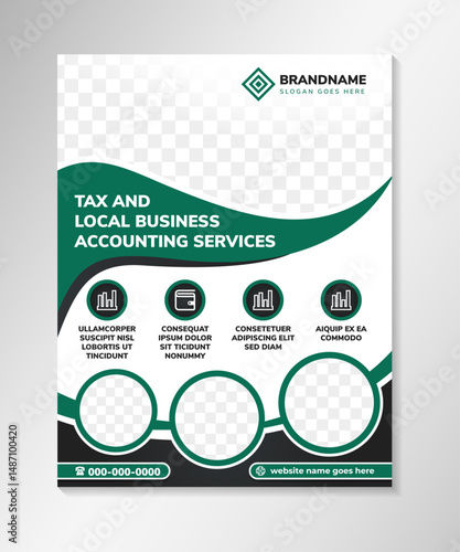 tax and consulting services flyer design template on vertical layout. green and black combination elements on black background. abstract wavy concept with space  for photo location on top page.