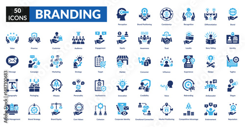 Branding fill icon set collection. Brand, ambassador, audience, credibility, identity, recognition, marketing, strategy, target, reputation, loyalty, competitive advantage, product