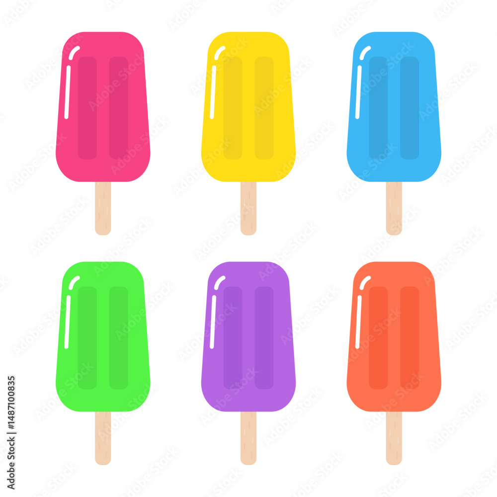 Set of colorful ice cream in pink, yellow, blue, green, purple and orange.Popsicle sticks collection isolated on white background.Vector graphic illustration.Summer element. Set of colorful ice cream in pink, yellow, blue, green, purple and orange.Popsicle sticks collection isolated on white background.Vector graphic illustration.Summer element.