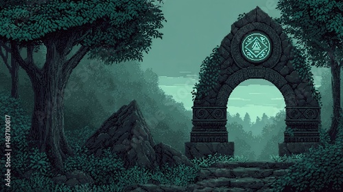 Stone archway in forest with steps leading through to misty landscape.