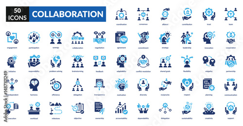 Collaboration fill icon set collection. Agreement, commitment, harmony, problem solving, partnership, participation, strategy, leadership, motivation, coordination, execution