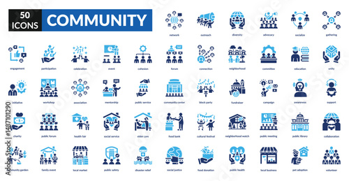 Community fill icon set collection. association, collaboration, gathering, network, public service, group, connection, society, teamwork