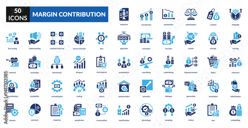 Margin contribution fill icon set collection. budgeting, price, financial planning, cost, analysis, report, growth, investment, money, expenses, pricing, value