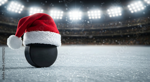santa hat,  christmas,  hockey, Santa Hat on Hockey Puck in Stadium