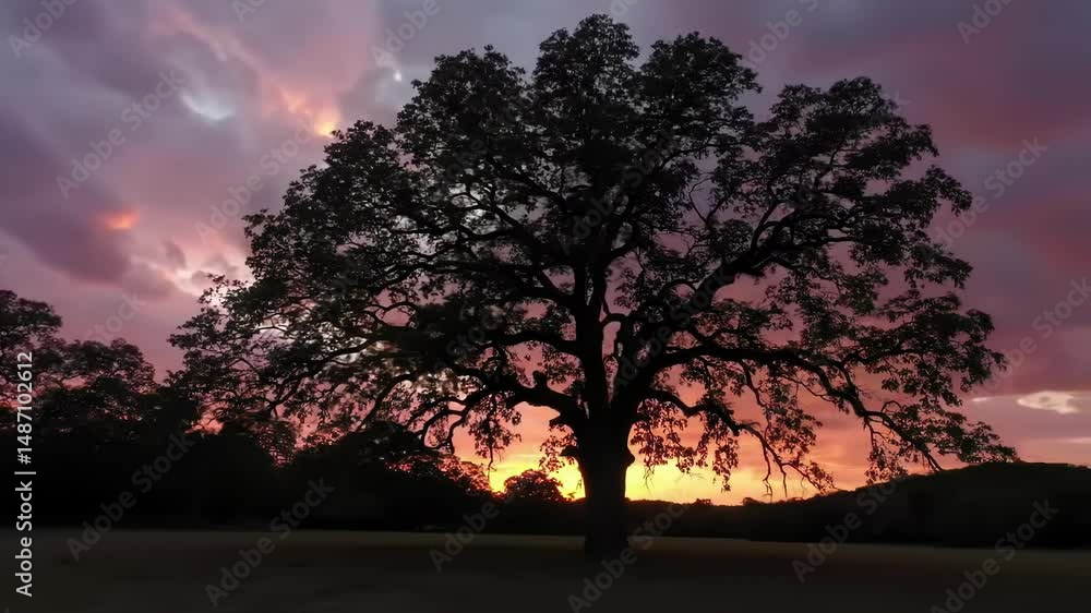 Majestic oak tree silhouetted against a vibrant sunset sky Majestic oak tree silhouetted against a vibrant sunset sky