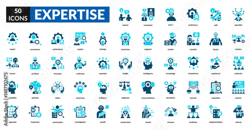 Expertise fill icon set collection. Analyst, knowledge, veteran, mastery, professional, skill, experience, proficiency, talent, ability, competence, specialist, expert